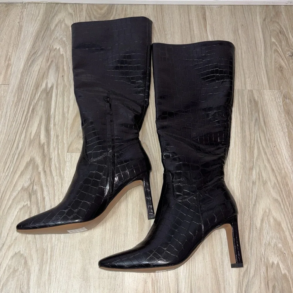 NA-KD Croc Embossed Knee High Boots Square Toe Heels Black Size 6.5 US
